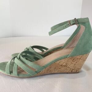 Green Strappy Wedge Sandals Size 9.5 Ankle Strap Cork Heel Spring Summer